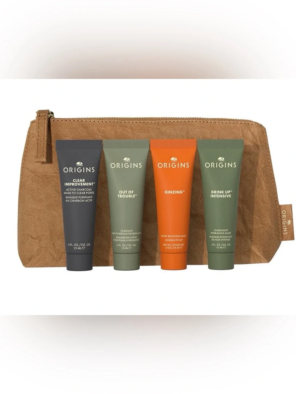 Origins Skincare Travel Set 4 Masks + Zipper Cosmetic Bag New